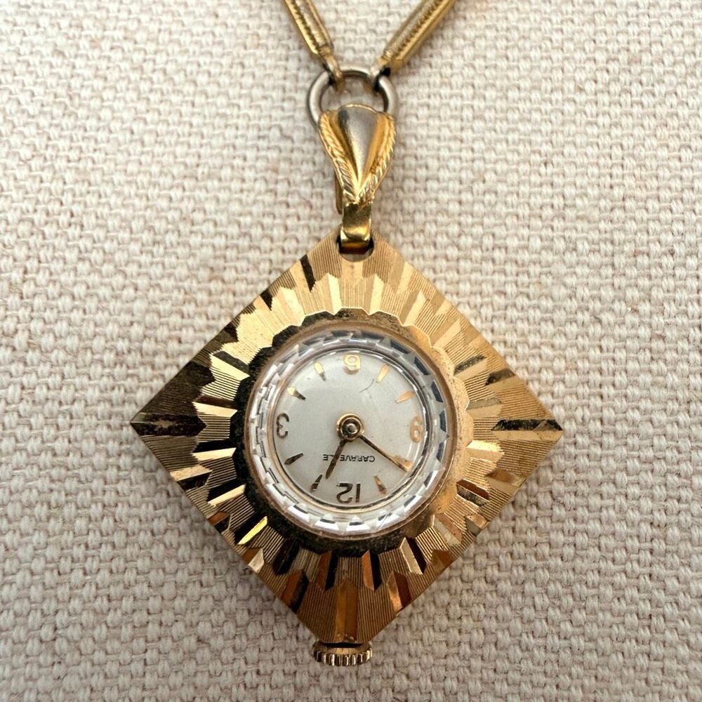 Vintage Caravelle Pendant Watch Necklace Gold Tone Sunburst Retro